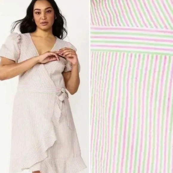 NWOT Draper James RSVP XS Pink Green Striped Seersucker Puff Sleeve Wrap Dress - Picture 1 of 14